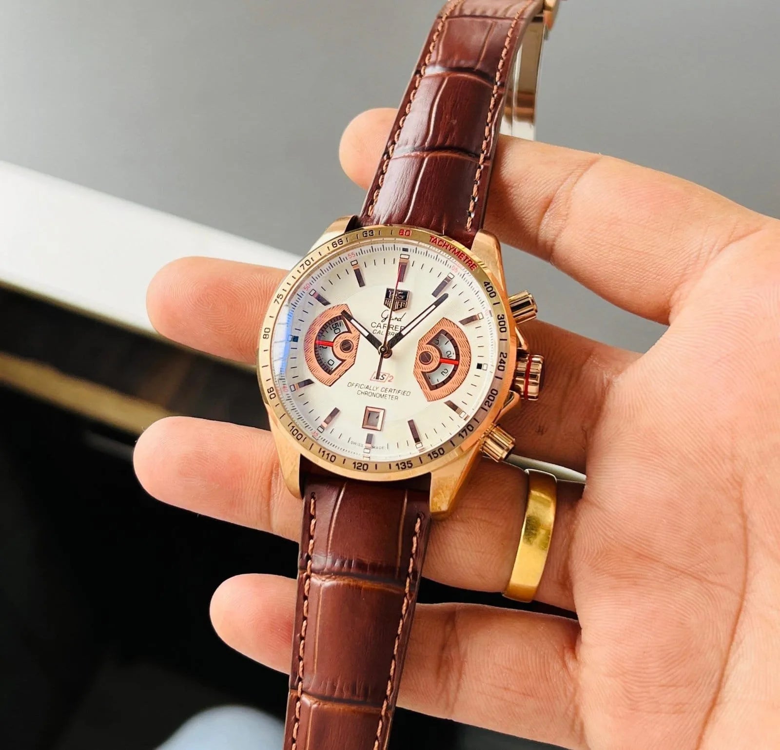 Tag Heuer Grand Carrera Calibre 17 RS2 White Dial Leather Belt Men's Watch