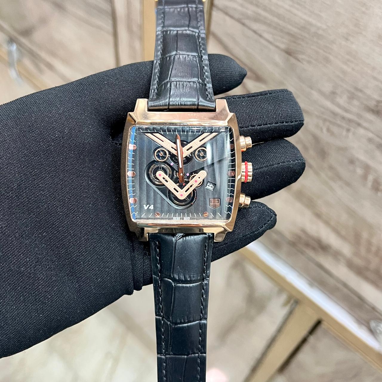 T-a-g H-e-u-e-r Monaco V4 Chronograph Black Leather Belt Men's Watch