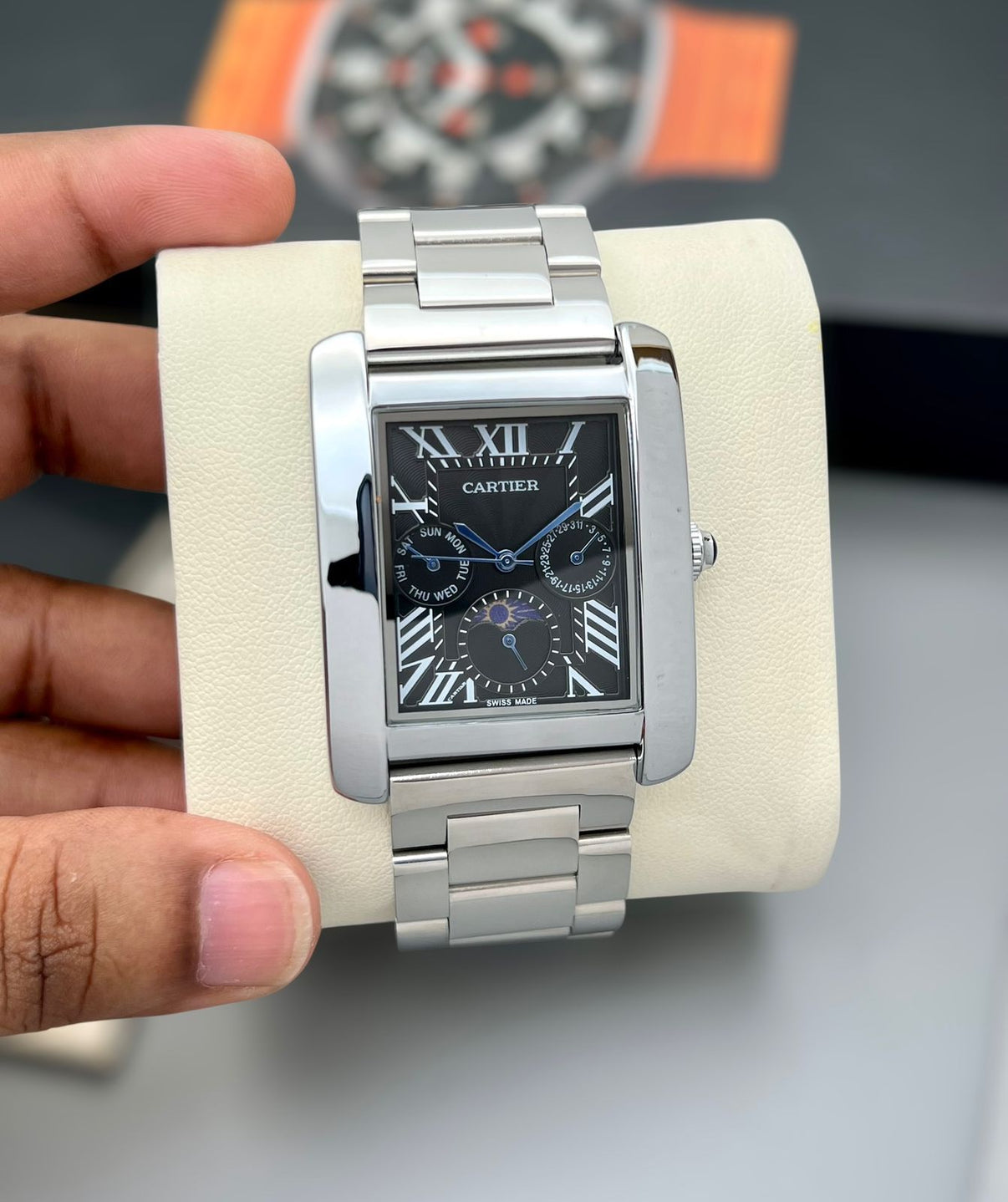 Cartier Tank Day-Date Moon Phase Black Dial Metal Belt Men's Watch
