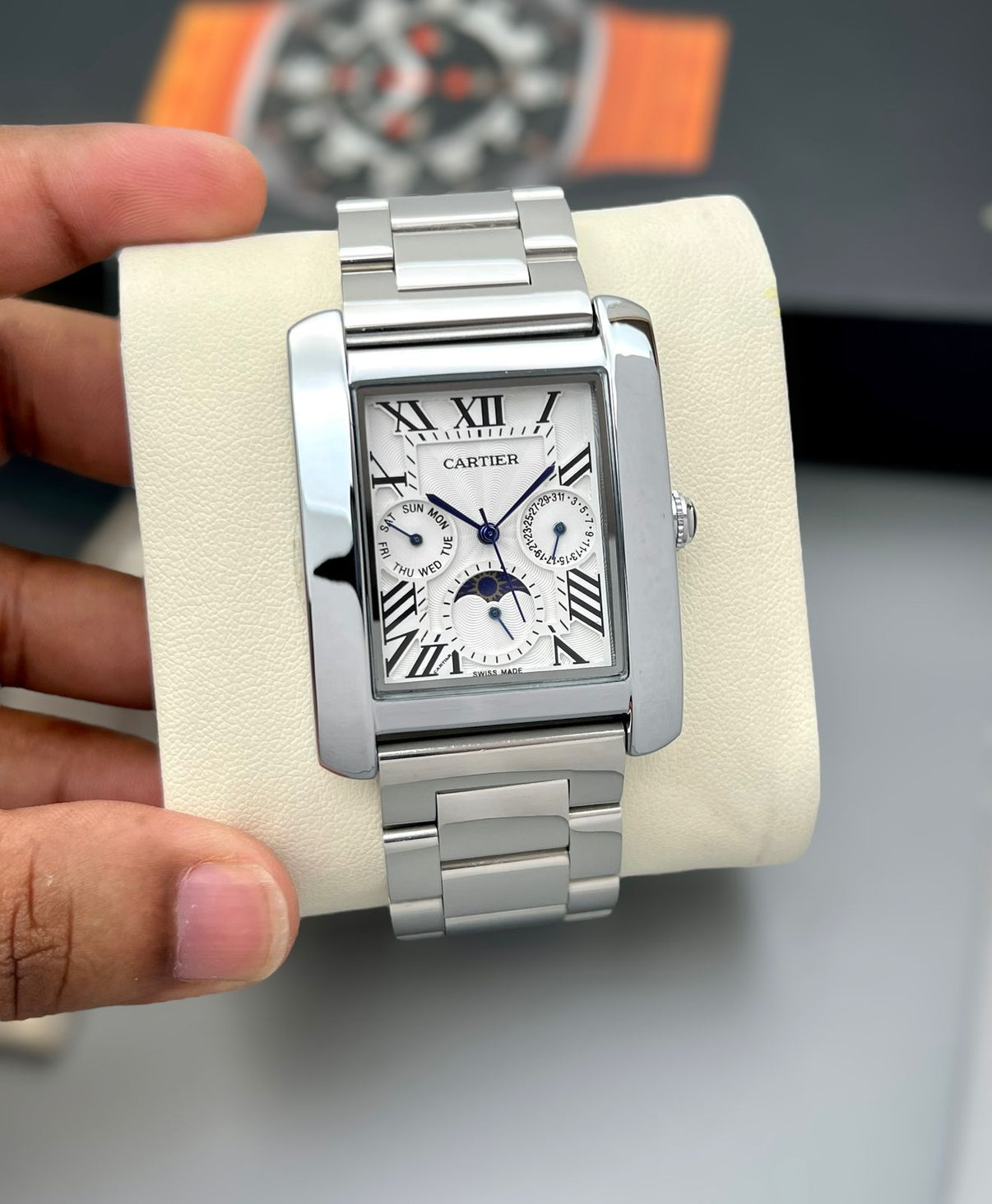 Cartier Tank Day-Date Moon Phase White Dial Metal Belt Men's Watch