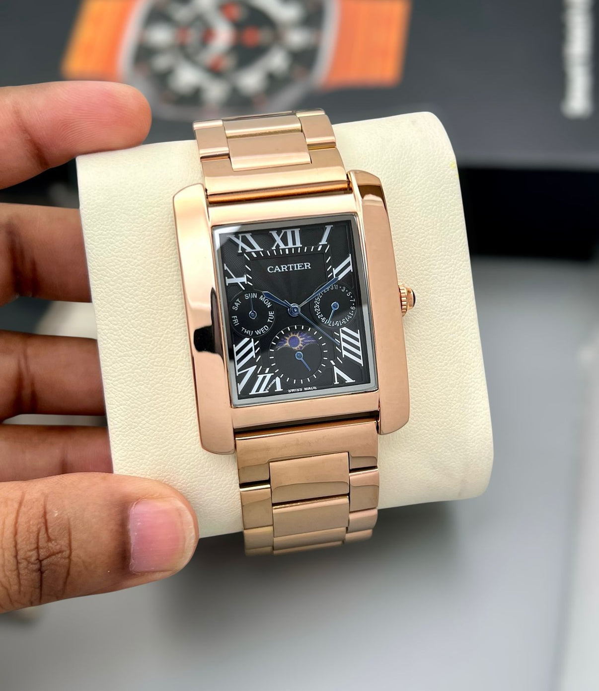 Cartier Tank Day-Date Moon Phase Black Dial Rose Gold Metal Belt Men's Watch