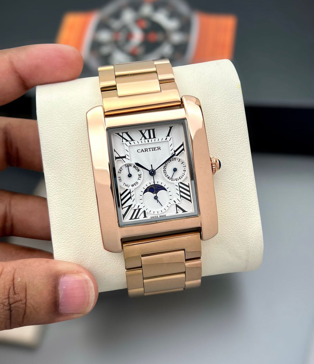 Cartier Tank Day-Date Moon Phase White Dial Rose Gold Metal Belt Men's Watch