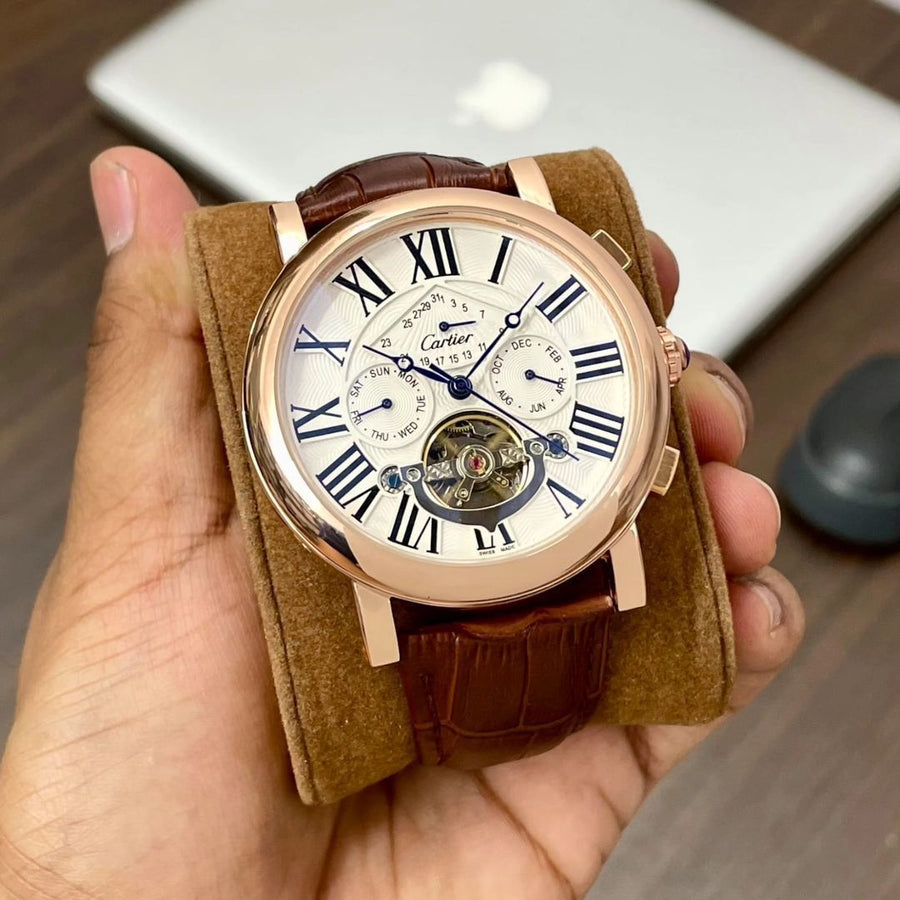 Cartier Automatic White Dial Leather Belt Watch For Men