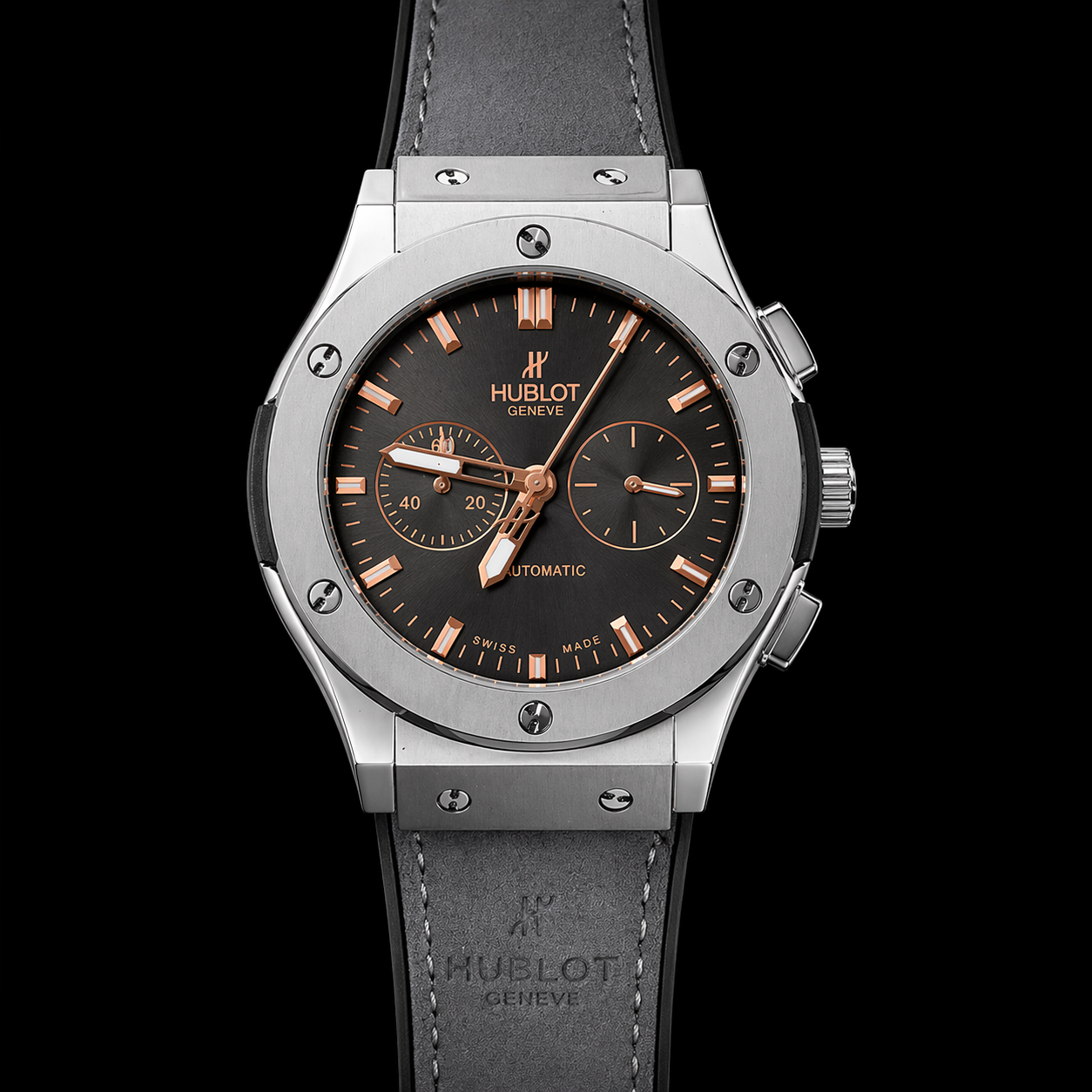 Hu-blot Black Dial Chronograph Grey Leather Belt Watch For Men's