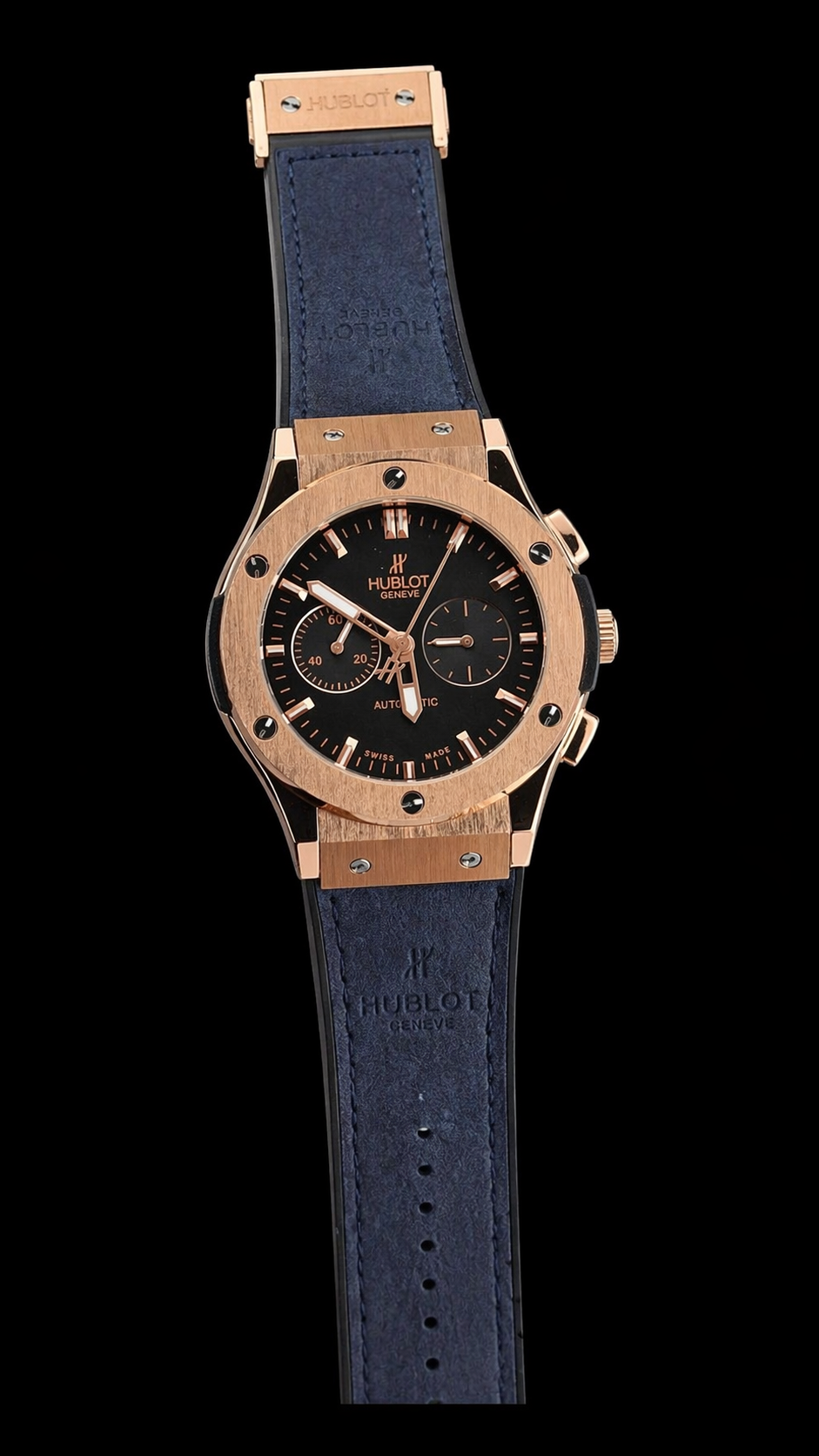 Hu-blot Rose Gold Dial Chronograph Blue Leather Belt Watch For Men's