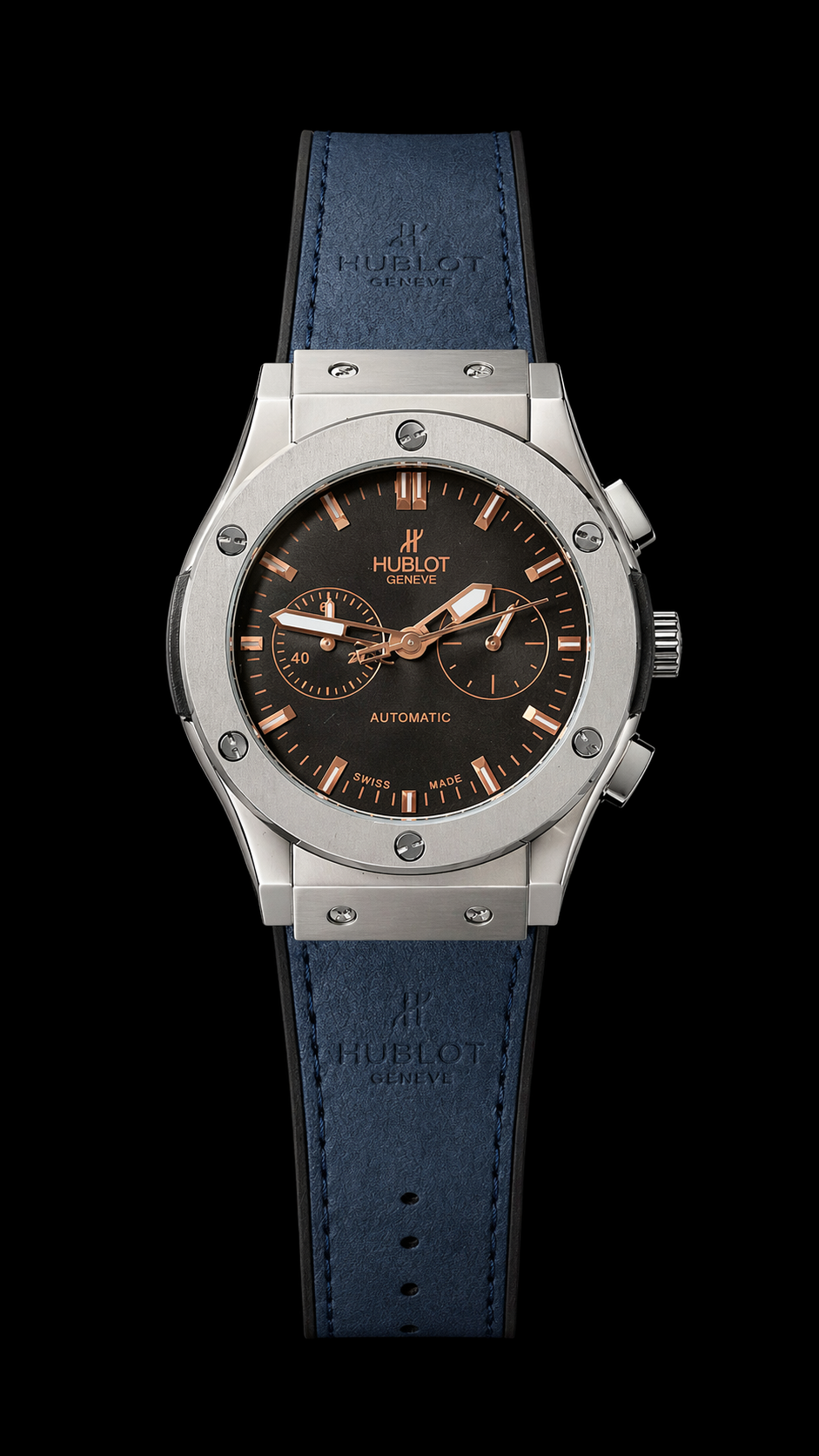 Hu-blot Black Rose Gold Dial Chronograph Blue Leather Belt Watch For Men's