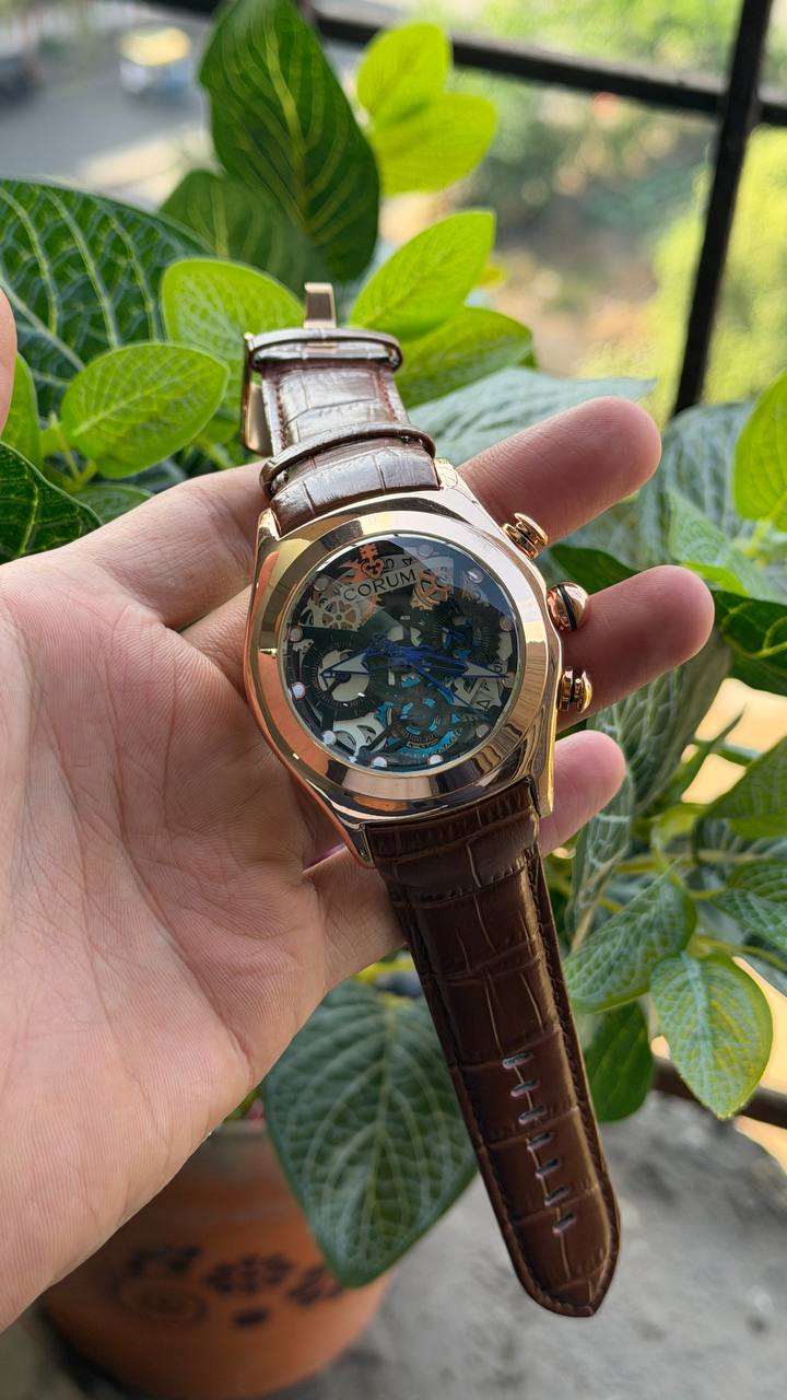 Corum Black Dial Brown Leather Belt Watch For Men's