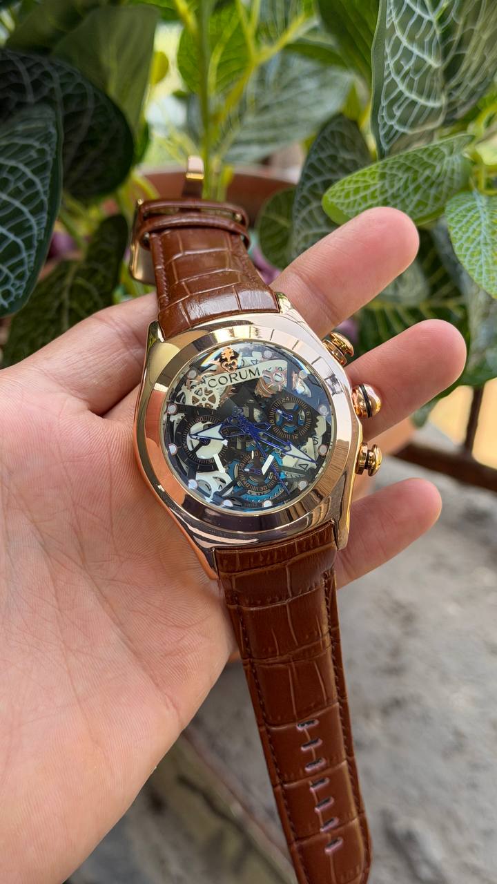 Corum Black Dial Brown Leather Belt Watch For Men's