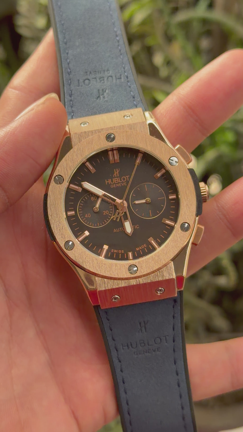 Hu-blot Rose Gold Dial Chronograph Blue Leather Belt Watch For Men's