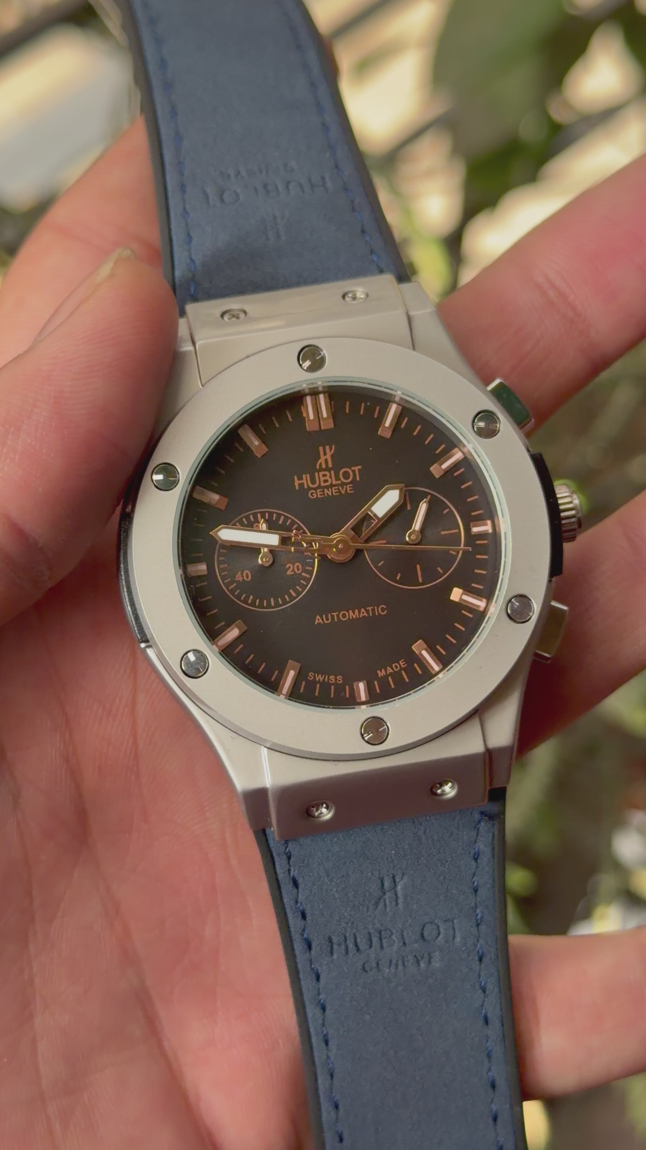 Hu-blot Black Rose Gold Dial Chronograph Blue Leather Belt Watch For Men's